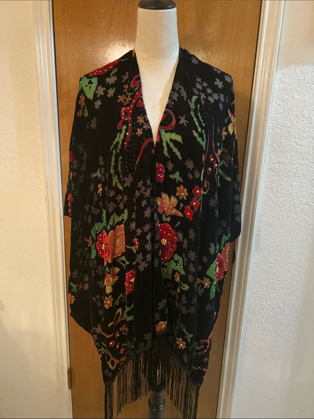 Floral Fringe Kimono Shawl. Black with Red & Green velvet with sequins. Like new